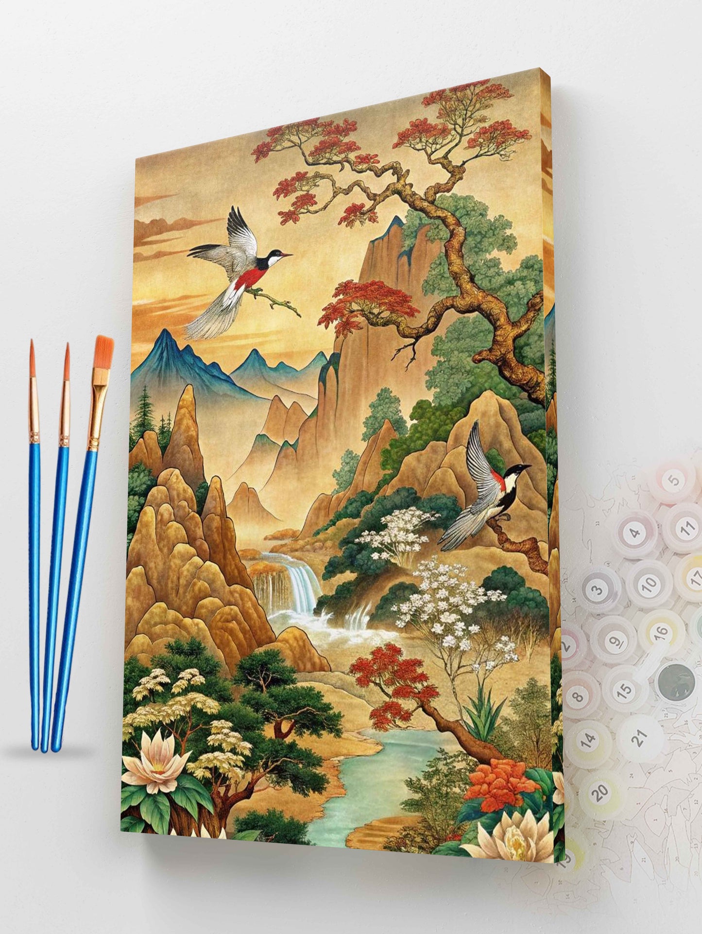 Chinese Style Mountain Waterfall with Birds Paint by Numbers Kit