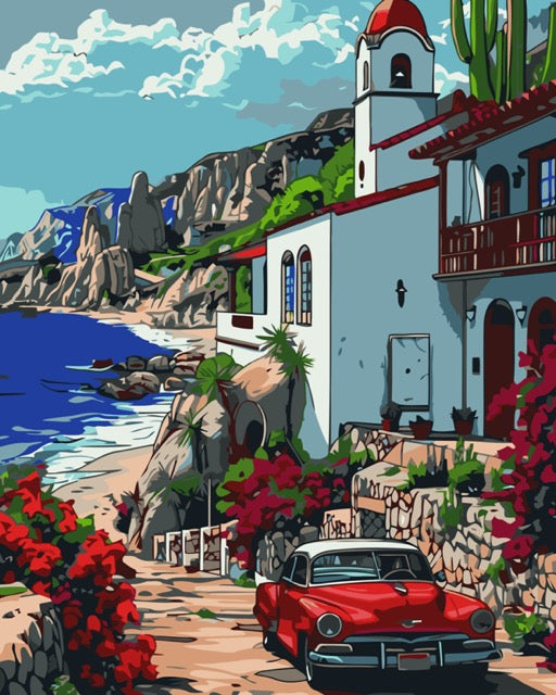 Vintage Red Chrysler by the Sea Diamond Painting Kit