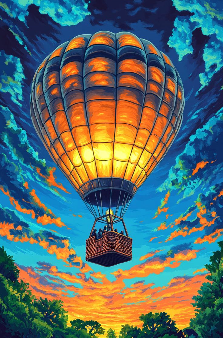 Hot air balloon in a colorful sky with trees at the base