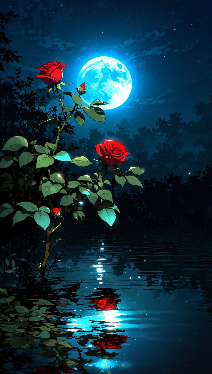 Moonlit Roses Poster Wall Art