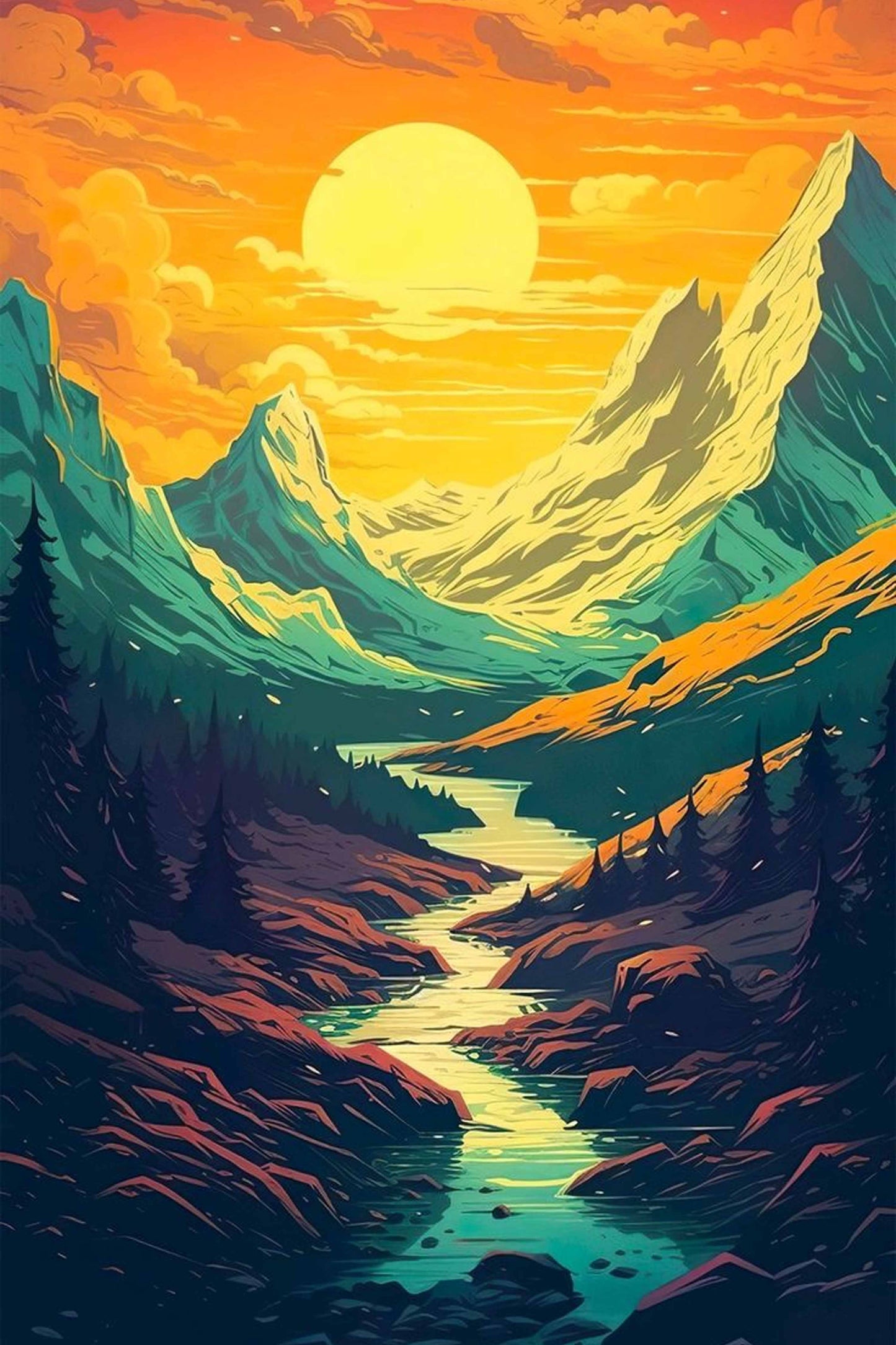 Mountain River Sunset Paint by Numbers Kit