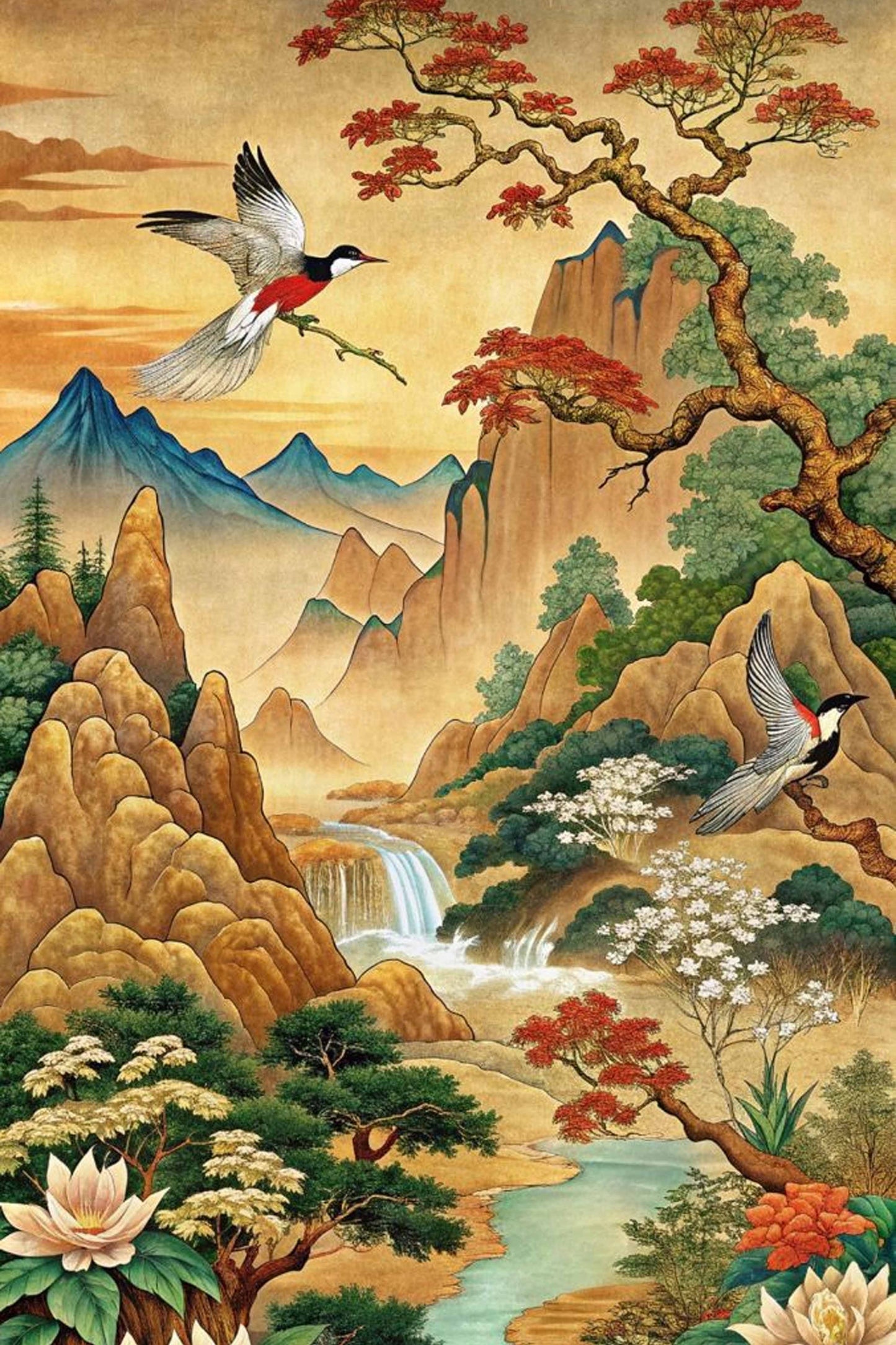 Chinese Style Mountain Waterfall with Birds Paint by Numbers Kit