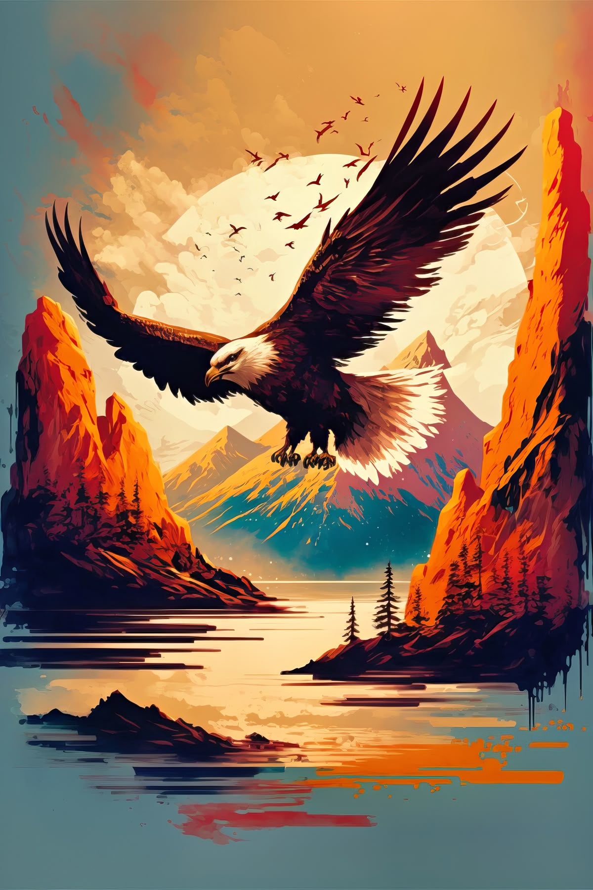 Soaring Eagle Over Mountain Lake Poster Wall Art