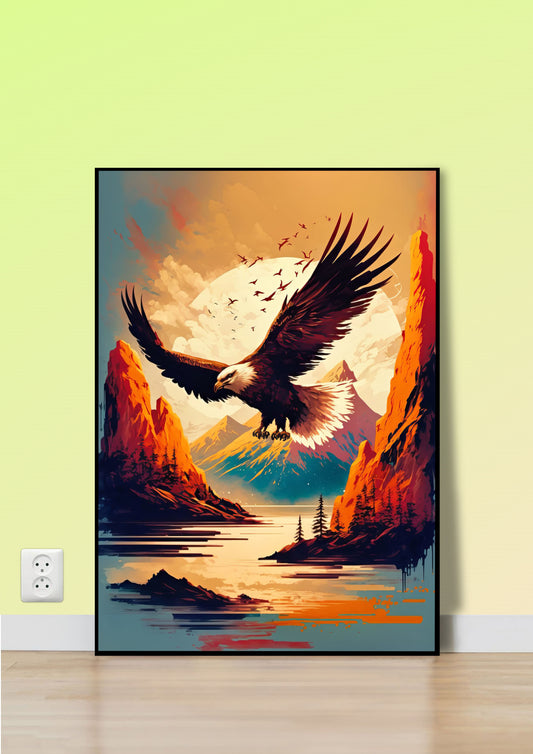 Soaring Eagle Over Mountain Lake Poster Wall Art