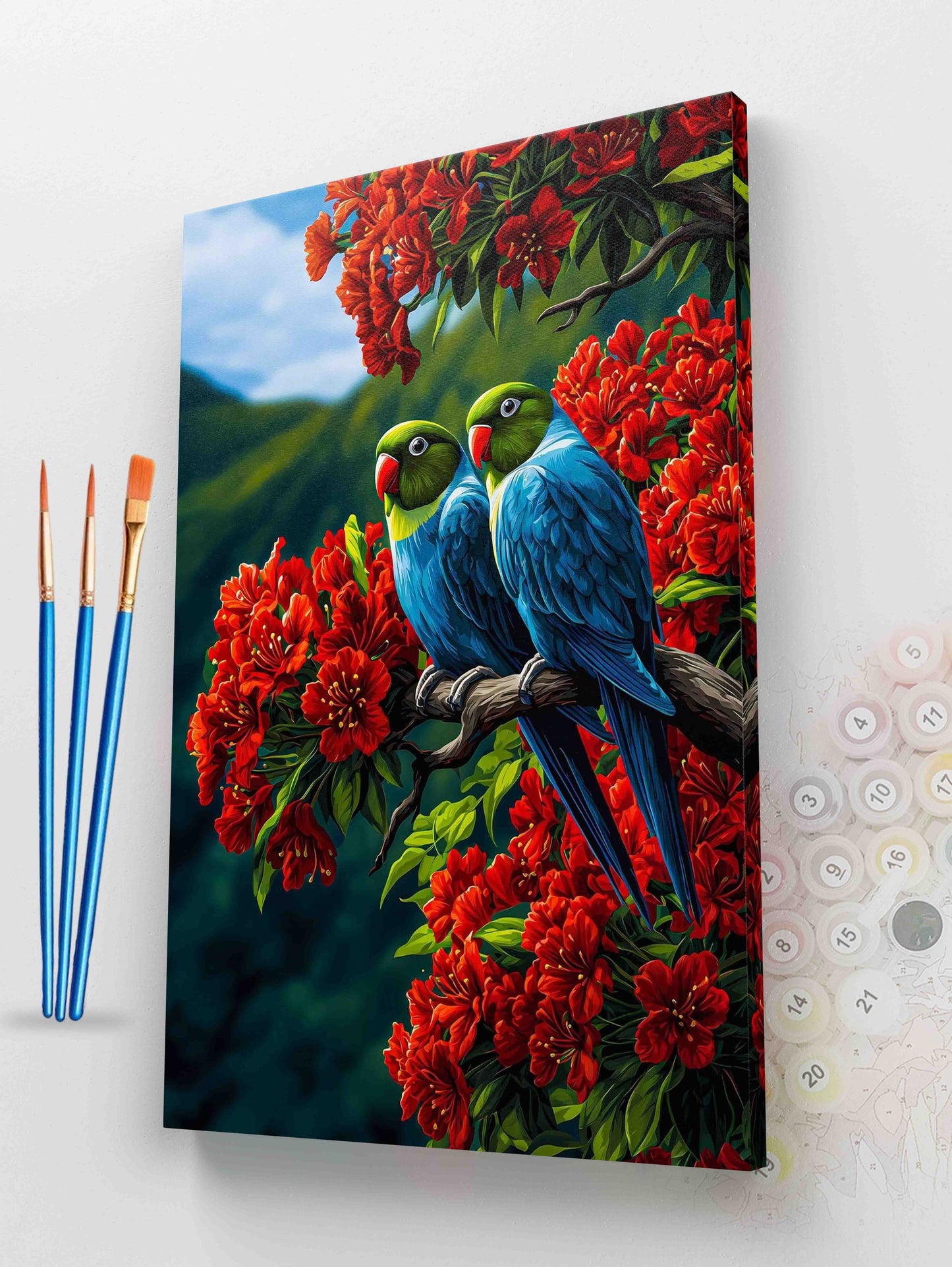 Two Colorful Macaws on a Flowering Branch Paint by Numbers Kit