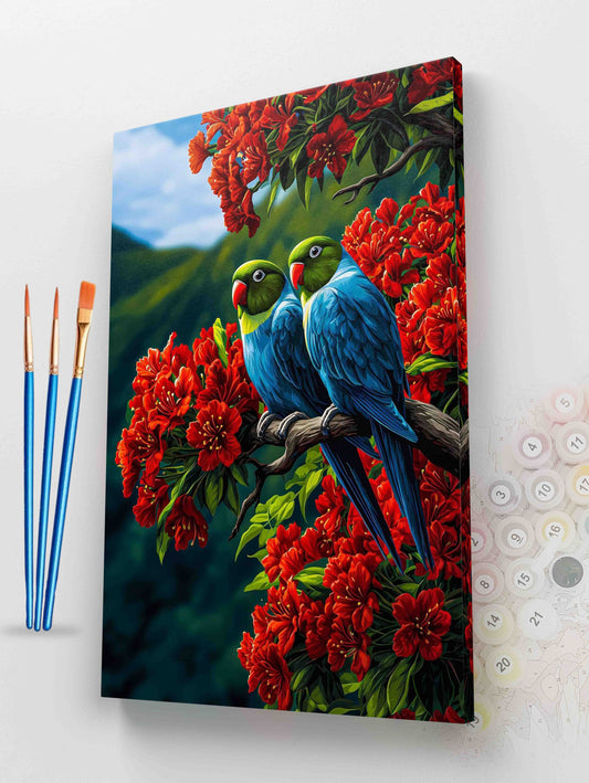 Two Colorful Macaws on a Flowering Branch Paint by Numbers Kit