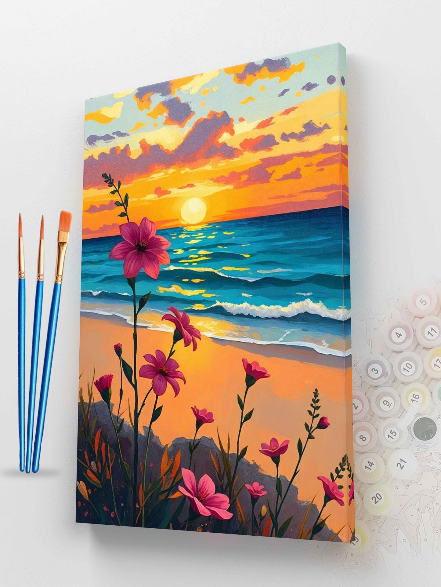 Coastal Sunset with Pink Flowers Paint by Numbers Kit