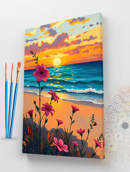 Coastal Sunset with Pink Flowers Paint by Numbers Kit