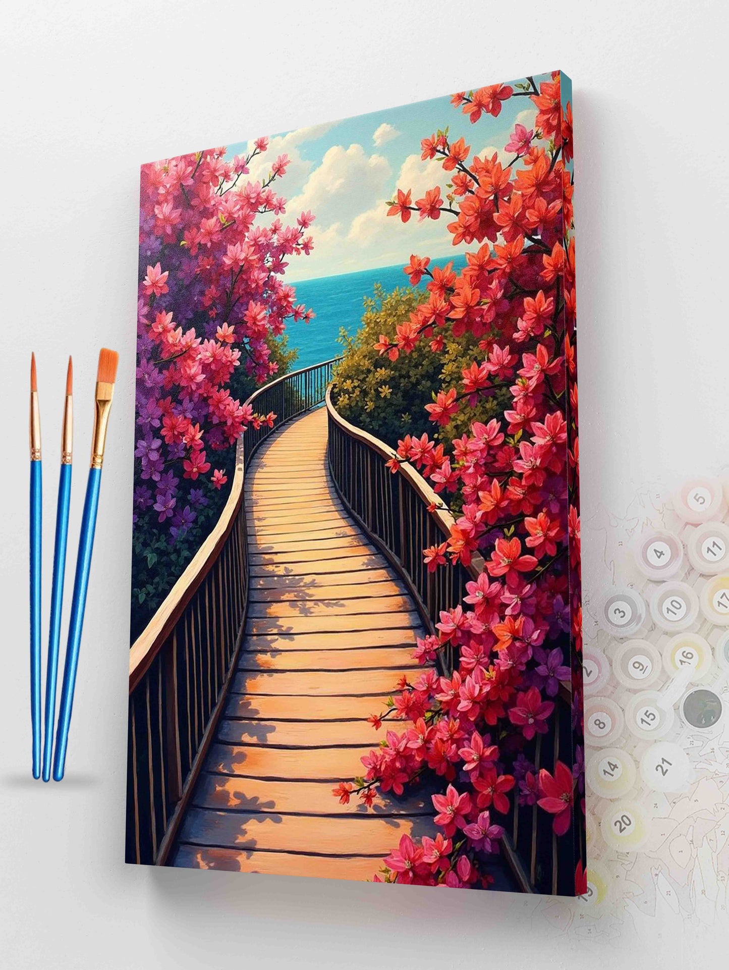 Coastal Walkway with Pink Flowers Paint by Numbers Kit