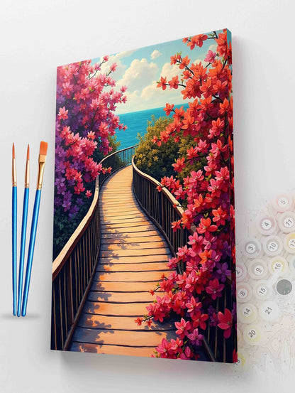 Coastal Walkway with Pink Flowers Paint by Numbers Kit