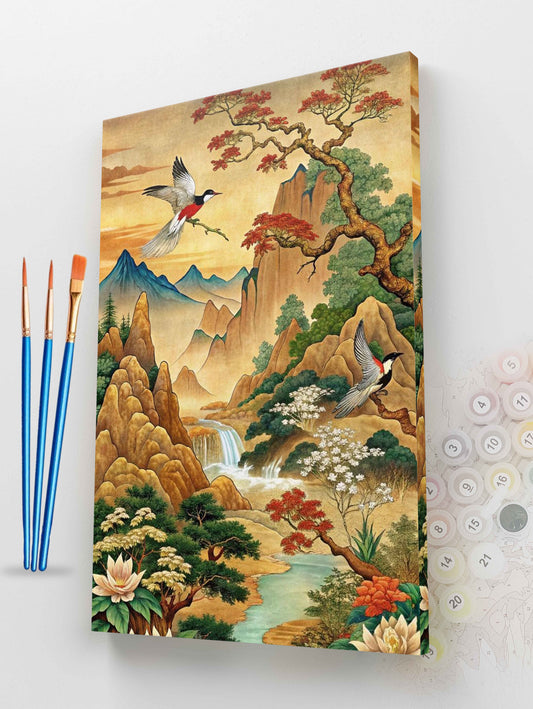 Chinese Style Mountain Waterfall with Birds Paint by Numbers Kit
