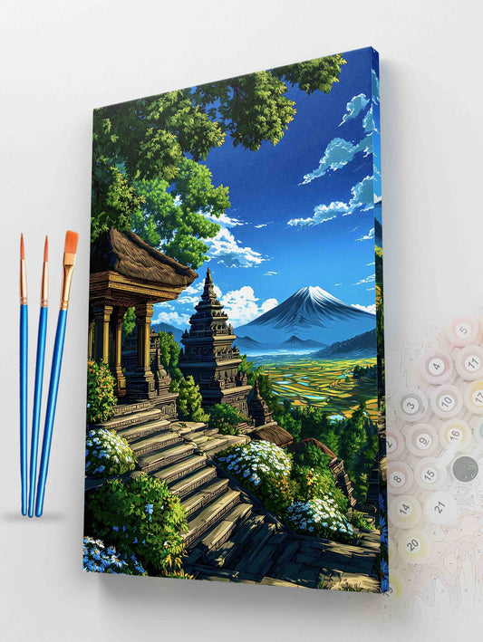 Bali Temple with Mountain and Rice Terraces Paint by Numbers Kit