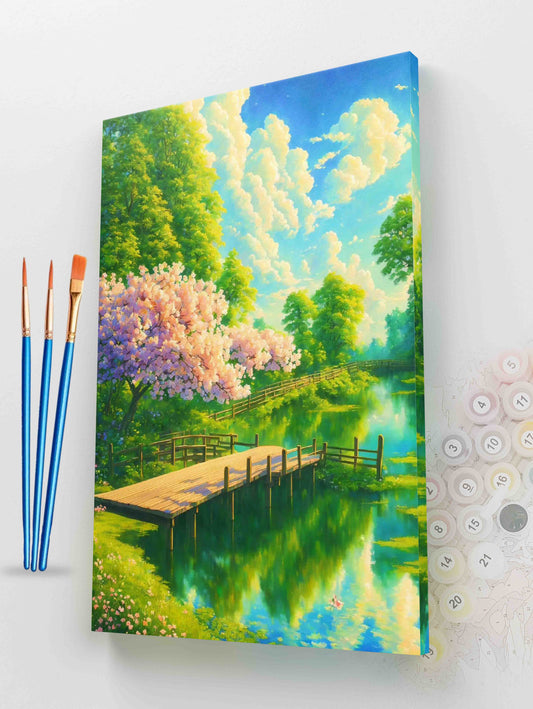 Wooden Bridge on a Lake with Cherry Blossoms Paint by Numbers Kit