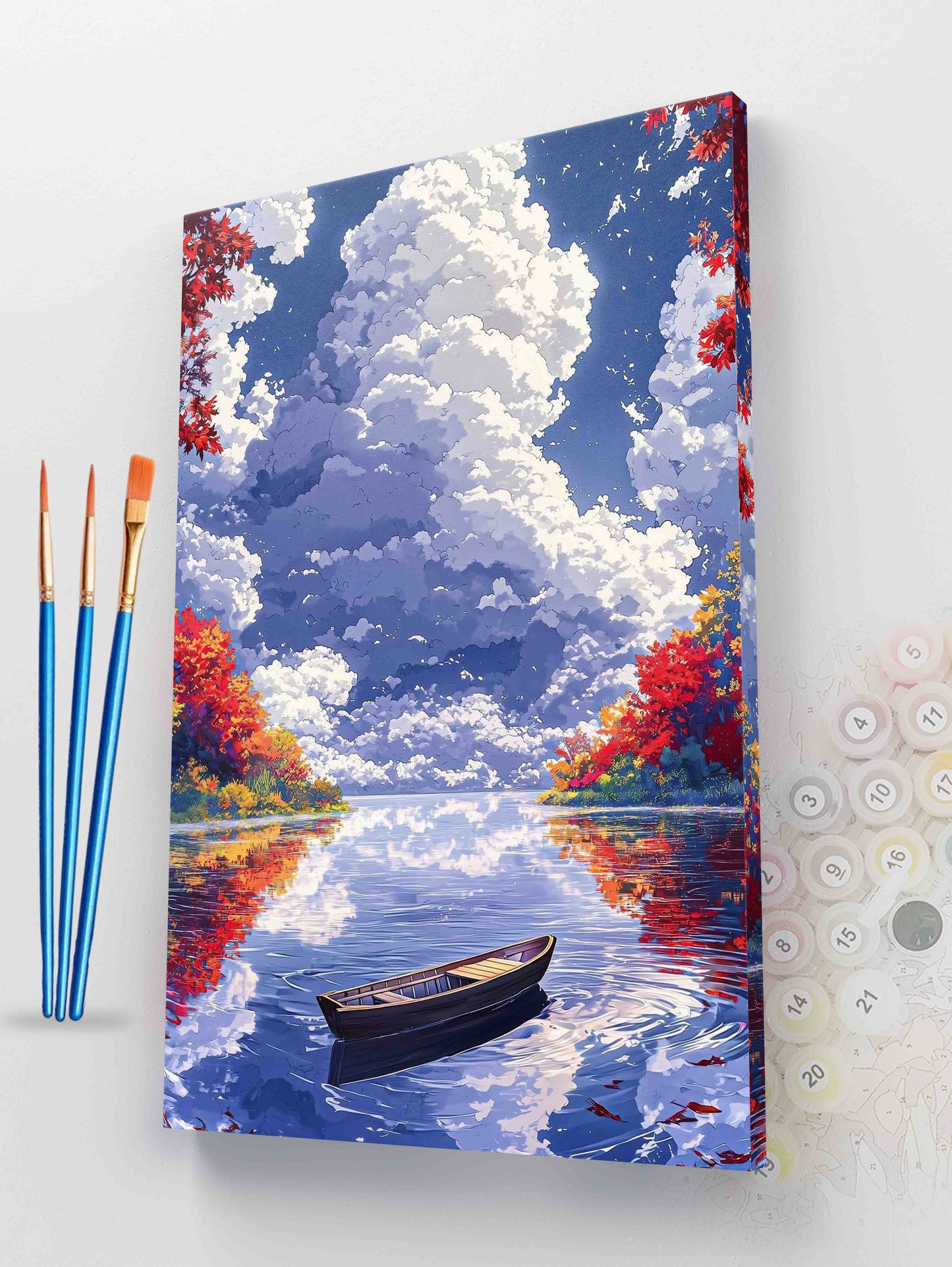 Autumn Lake Boat with Fluffy Clouds Paint by Numbers Kit