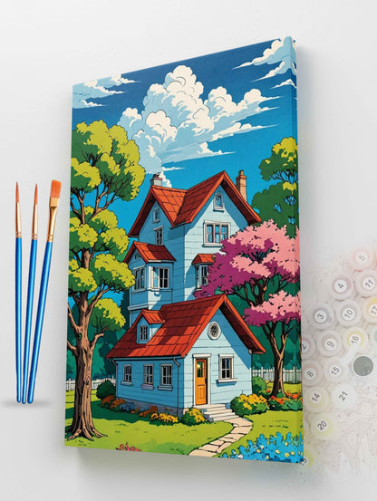 Blue House with Pink Tree Paint by Numbers Kit
