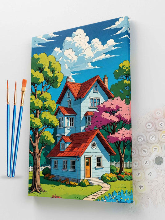 Blue House with Pink Tree Paint by Numbers Kit