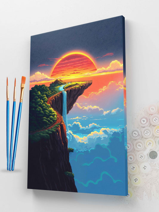 Cliffside Waterfall Sunset Paint by Numbers Kit