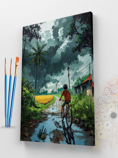 Boy on Bike in the Rain Paint by Numbers Kit