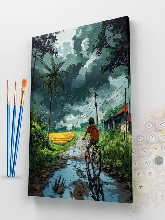 Boy on Bike in the Rain Paint by Numbers Kit