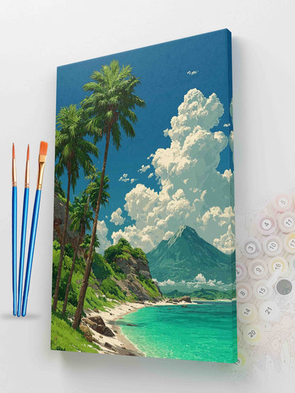 Tropical Beach with Mountain Paint by Numbers Kit