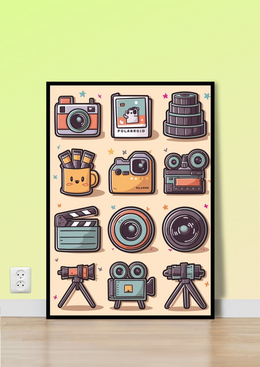 Cute Camera & Film Gear Doodles poster Wall Art