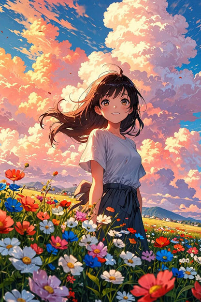 Anime Girl in the Flowers Diamond Painting Kit