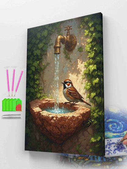 Tranquil Sparrow by the Fountain Diamond Painting Kit