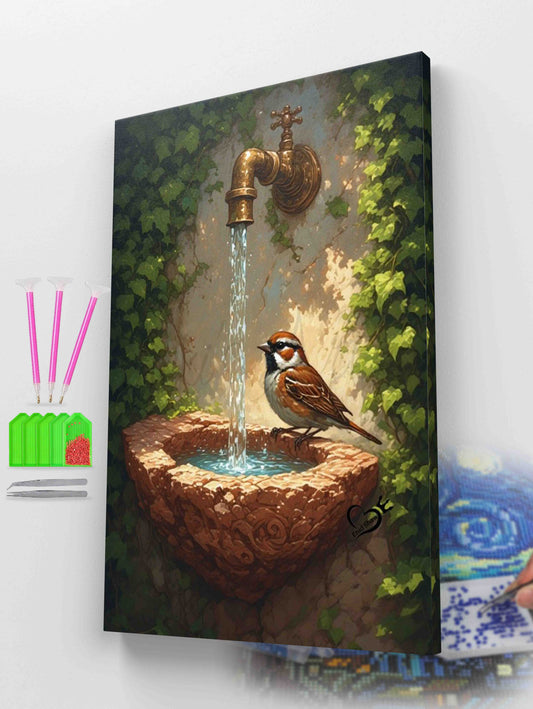 Tranquil Sparrow by the Fountain Diamond Painting Kit