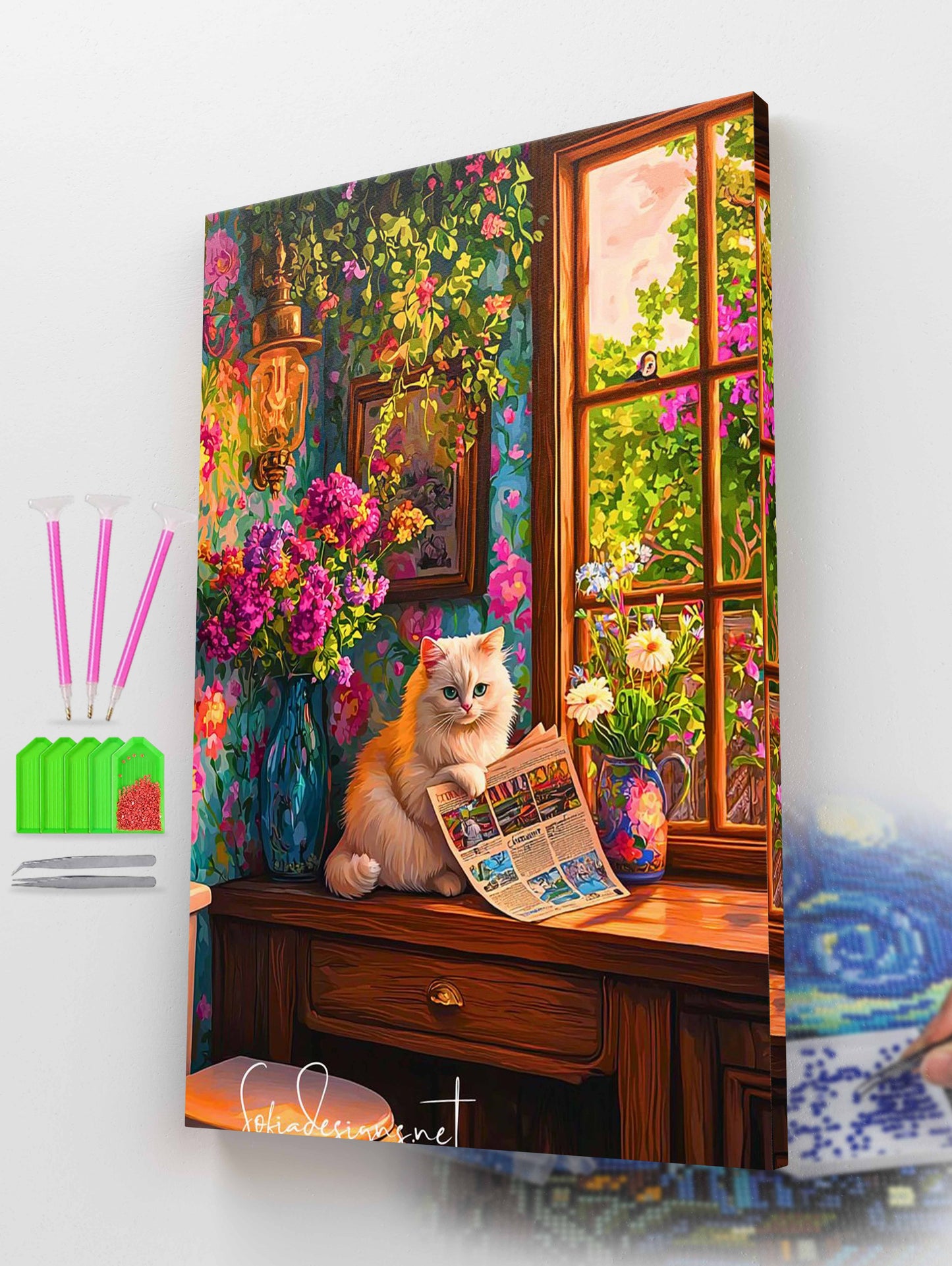 Fluffy Cat with Newspaper Diamond Painting Kit
