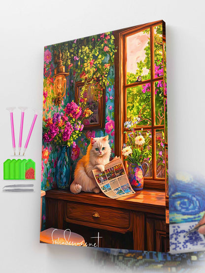 Fluffy Cat with Newspaper Diamond Painting Kit