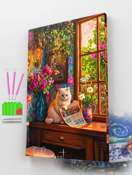 Fluffy Cat with Newspaper Diamond Painting Kit