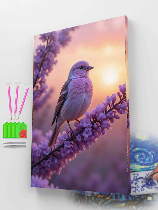 Pink Bird on Purple Flowers Diamond Painting Kit