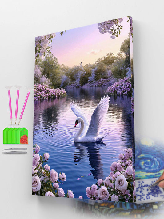 White Swan on Floral Lake Diamond Painting Kit