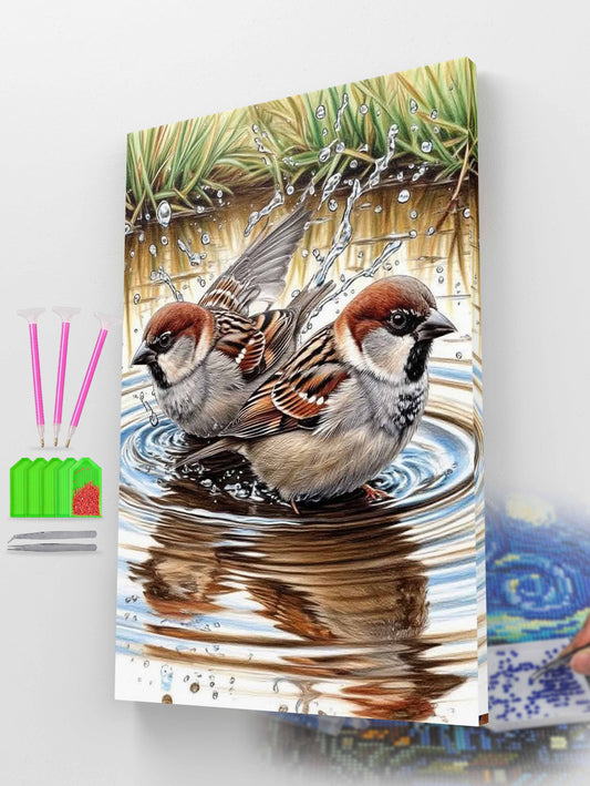 Sparrows Bathing in Water Diamond Painting Kit