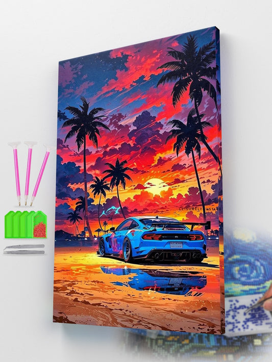 Canvas print of a sunset beach scene with palm trees and a car, surrounded by art supplies.