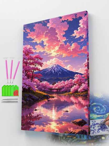 Canvas print of a cherry blossom landscape with Mount Fuji, displayed on a white surface.