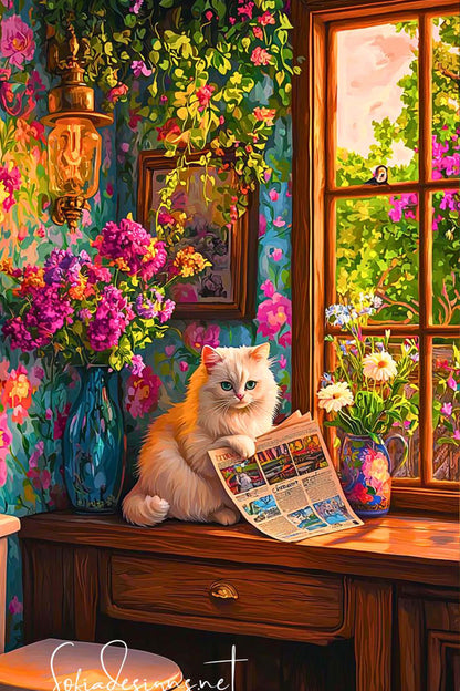Fluffy Cat with Newspaper Diamond Painting Kit