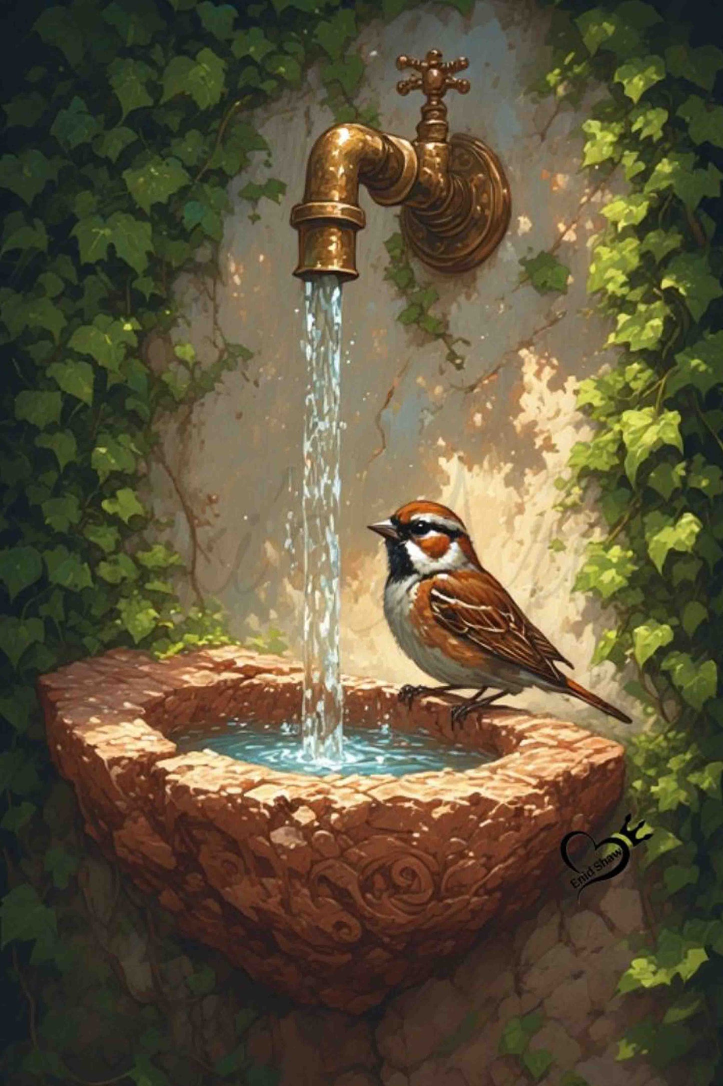 Tranquil Sparrow by the Fountain Diamond Painting Kit