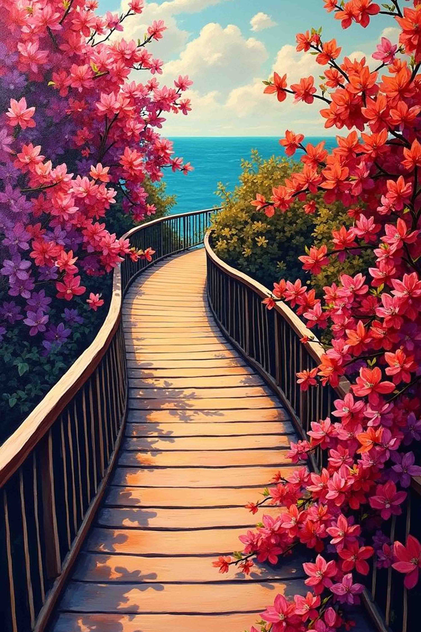 Coastal Walkway with Pink Flowers Paint by Numbers Kit