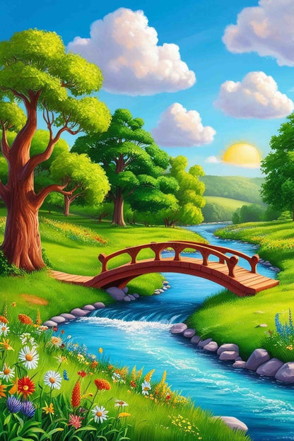 Wooden Bridge Over Stream Paint by Numbers Kit