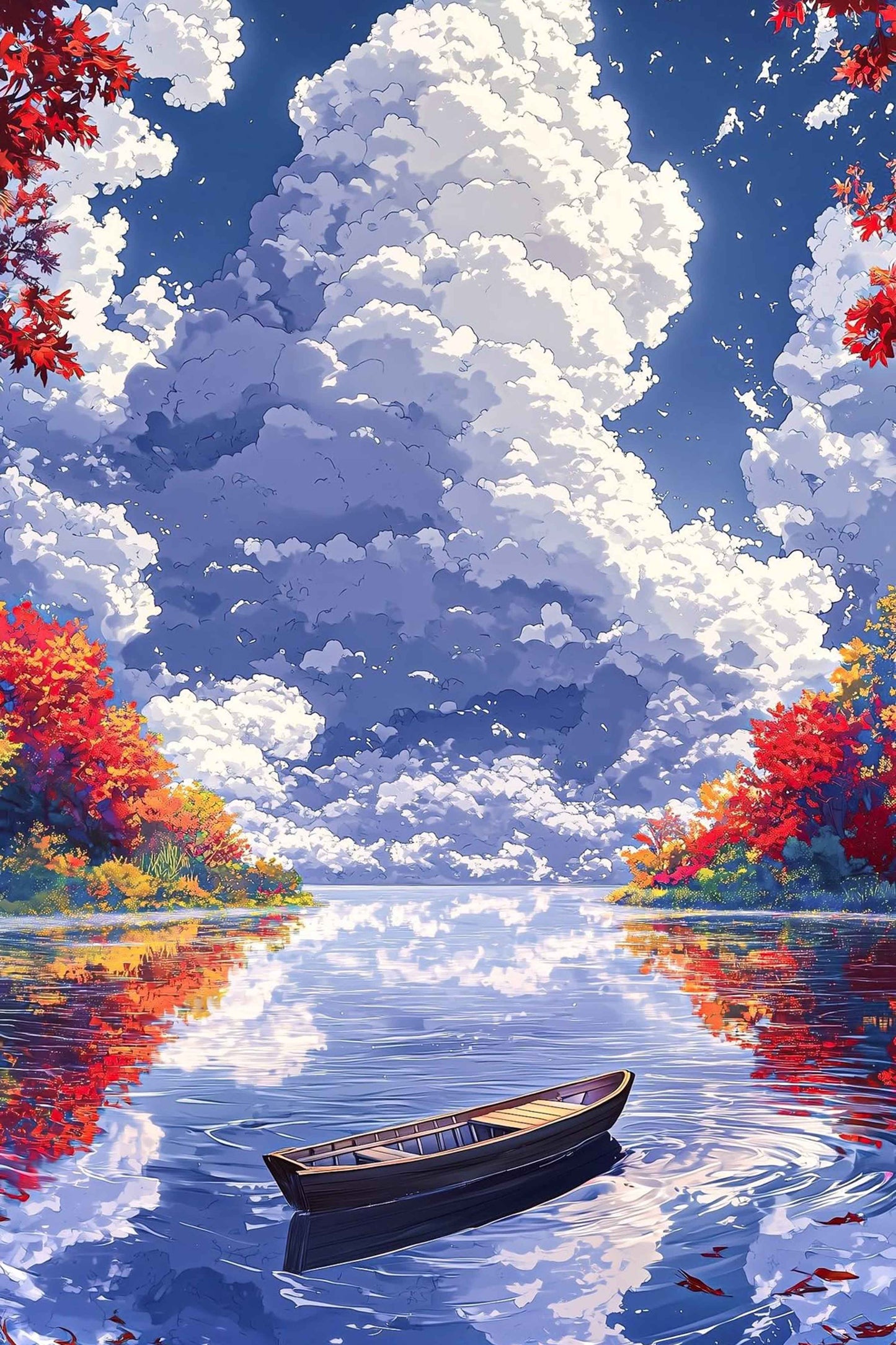 Autumn Lake Boat with Fluffy Clouds Paint by Numbers Kit