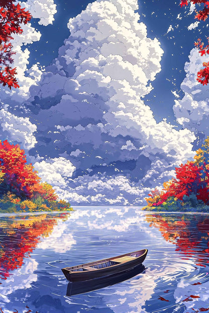 Autumn Lake Boat with Fluffy Clouds Paint by Numbers Kit