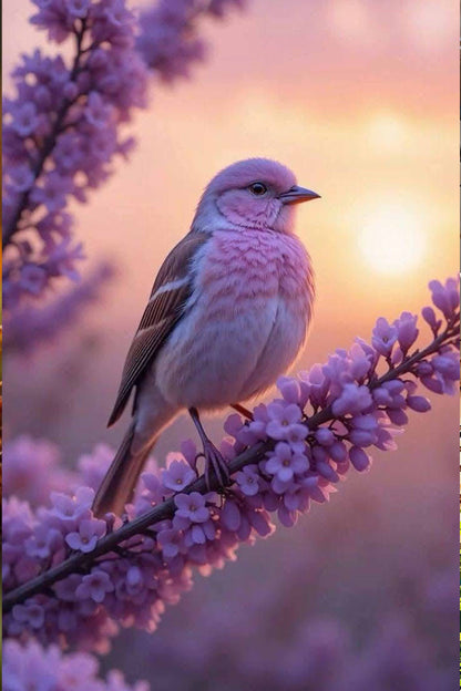 Pink Bird on Purple Flowers Diamond Painting Kit
