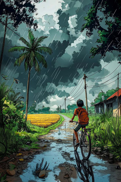 Boy on Bike in the Rain Paint by Numbers Kit