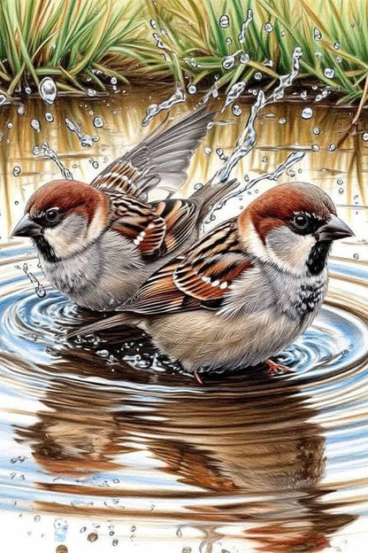 Sparrows Bathing in Water Diamond Painting Kit
