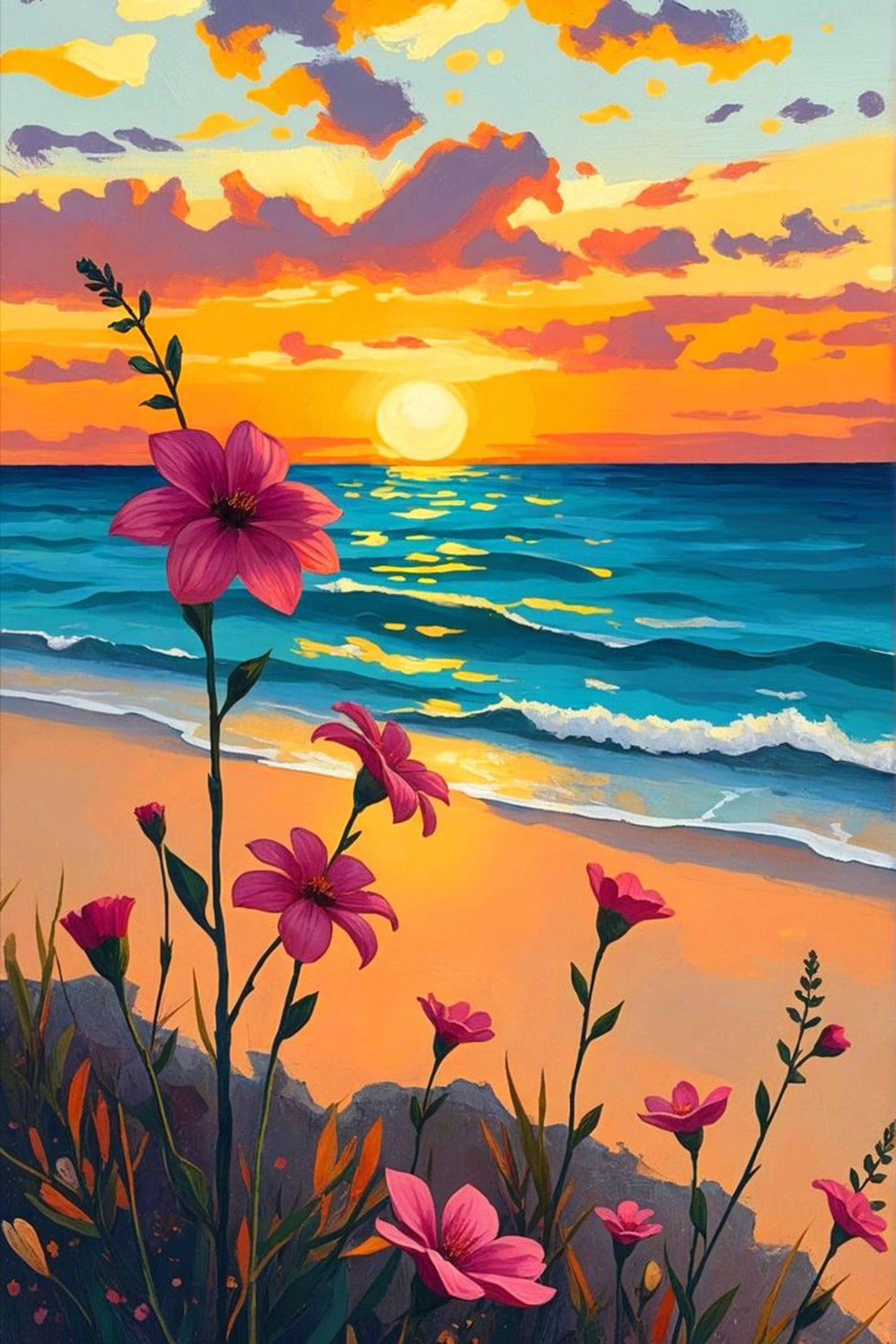 Coastal Sunset with Pink Flowers Paint by Numbers Kit