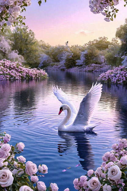 White Swan on Floral Lake Diamond Painting Kit