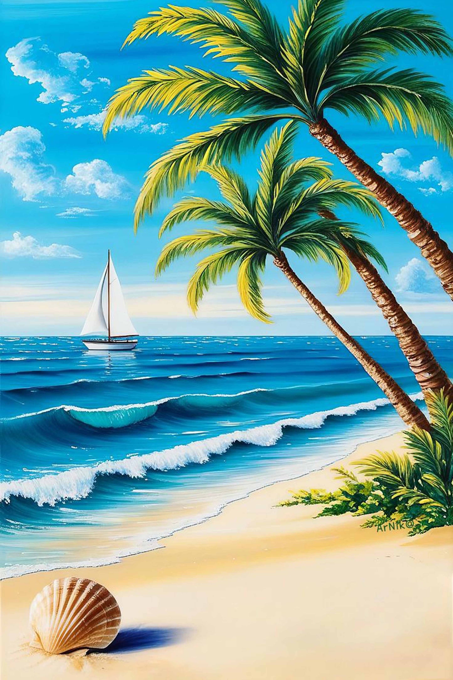 Tropical Beach with Sailboat Paint by Numbers Kit