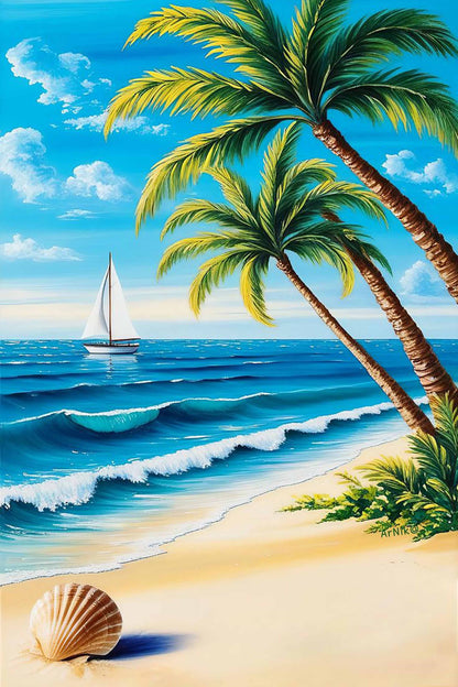 Tropical Beach with Sailboat Paint by Numbers Kit