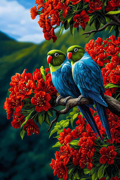 Two Colorful Macaws on a Flowering Branch Paint by Numbers Kit